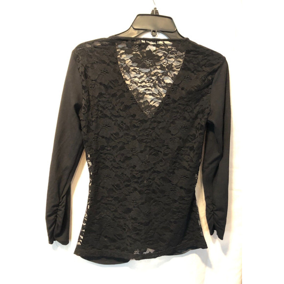 Cache Black Lace Back Stretch Ruched front sleeve ends Sz S/M Sexy to Business - Picture 1 of 5